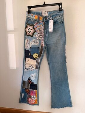 BDG Light Blue Patchwork Wide Leg Jeans with Floral & Smiley Details